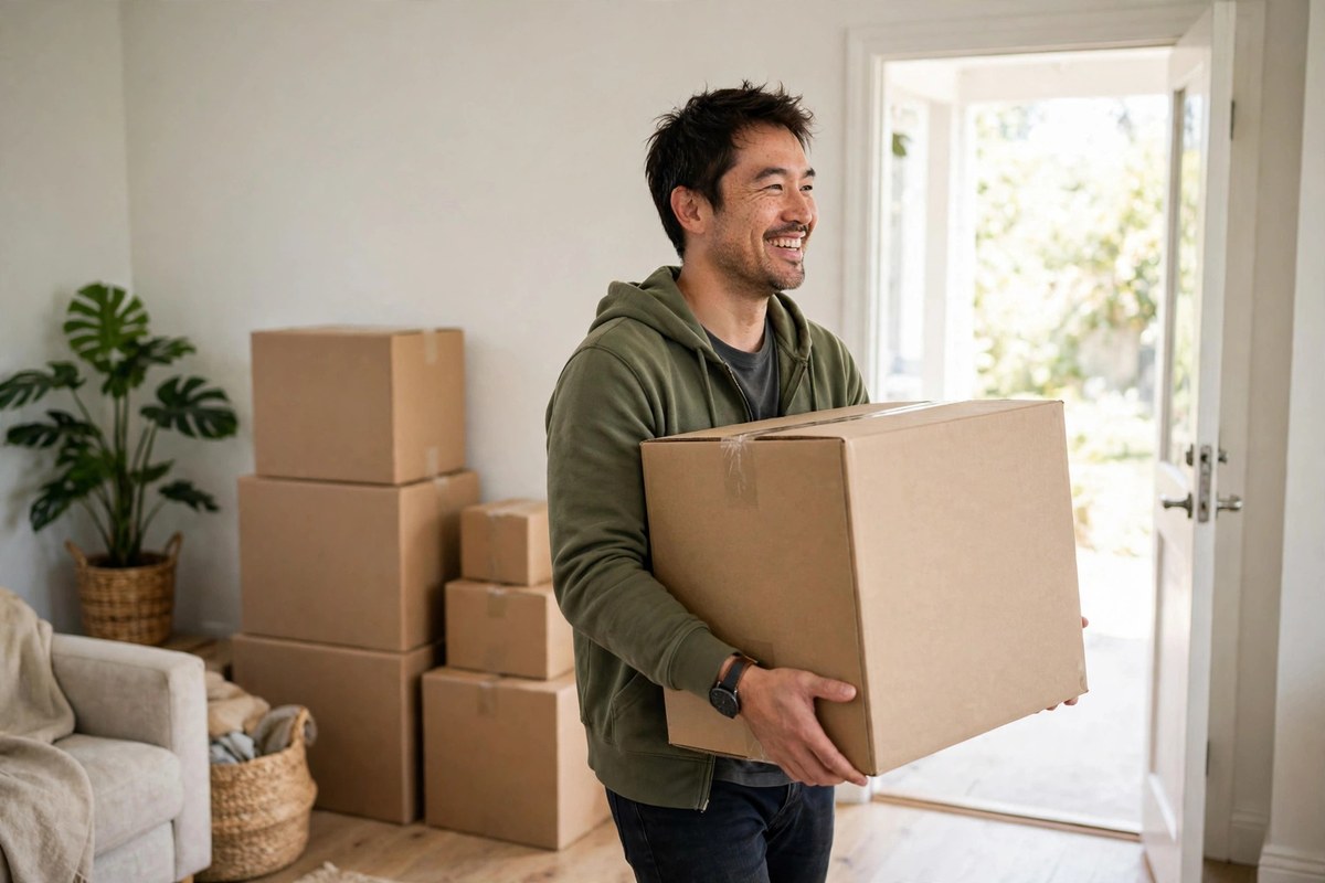 Photorealistic photo of a smiling man in his thirties carrying a donation box out of a bright airy living room, showing things to remove from your life to be happier