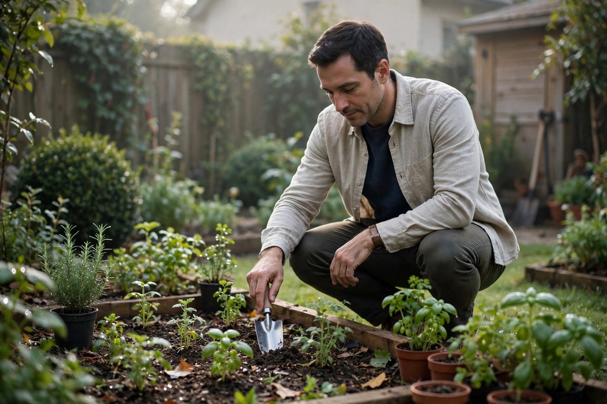 Photorealistic photo of a calm well-dressed man doing things the upper class does quietly while tending a neat home garden at dawn