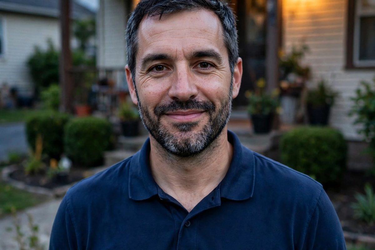 Photorealistic photo of a confident man in a navy polo standing proudly in front of the modest home he owns at dusk, for the article on things the wealthy own that others rent