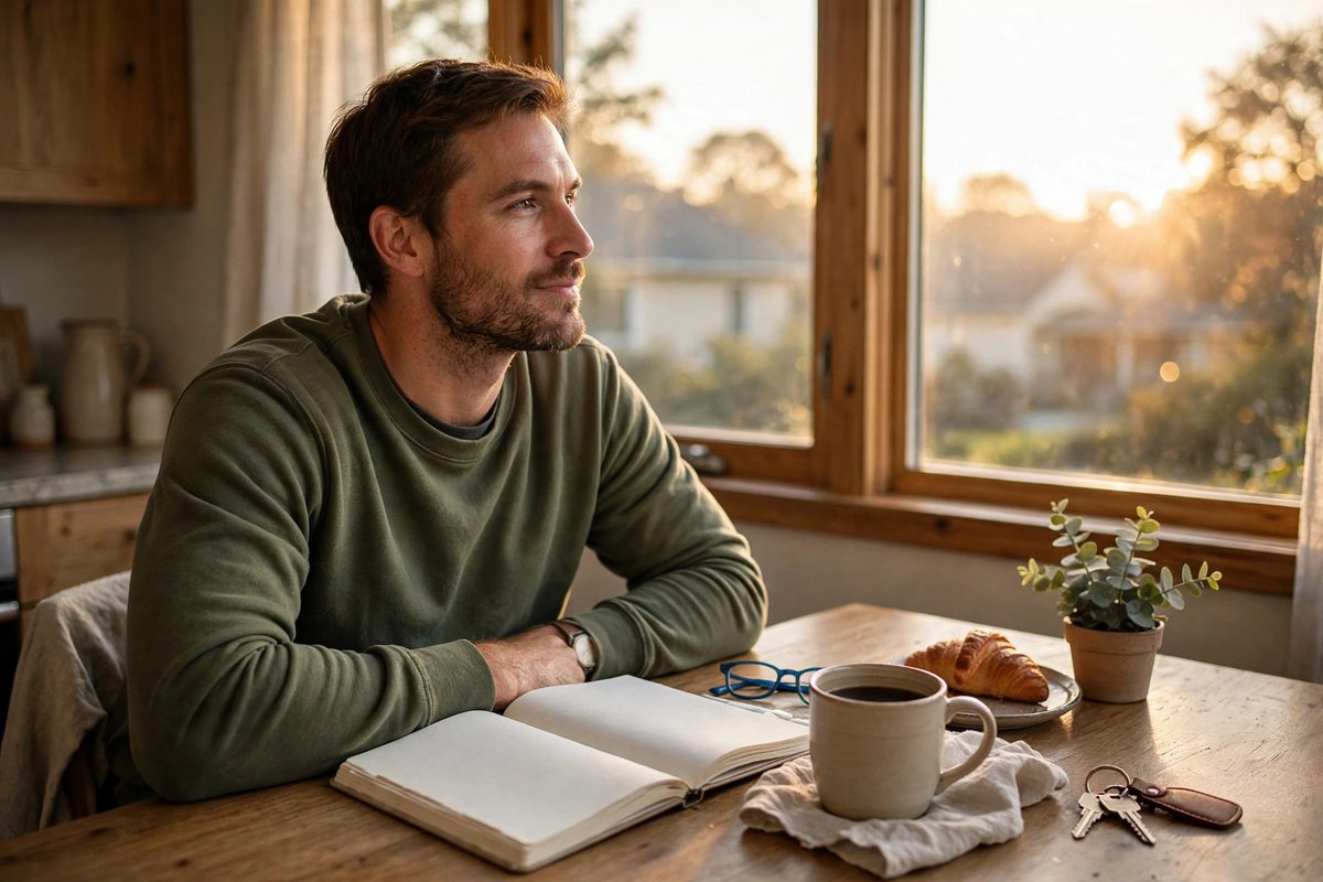 Photorealistic photo of a confident man planning his morning at a kitchen table with coffee at sunrise, showing things wealthy people do every day