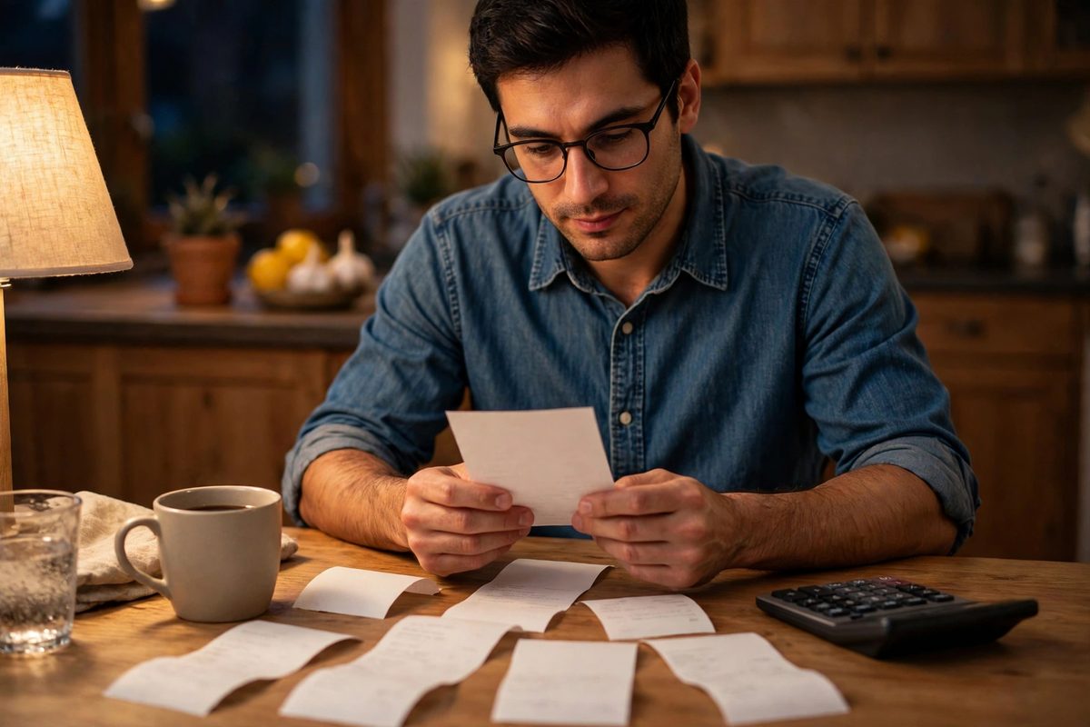 Photorealistic photo of a focused man with glasses reviewing store receipts with a calculator at a kitchen table, for the article on things the working class wastes money on
