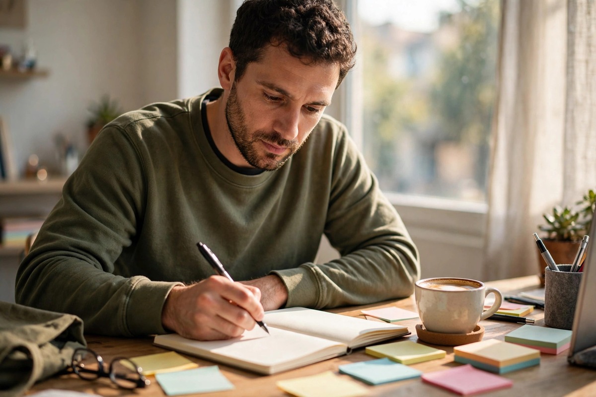 A creative man writing brand name ideas in a notebook at a sunny desk, showing tips to name your startup