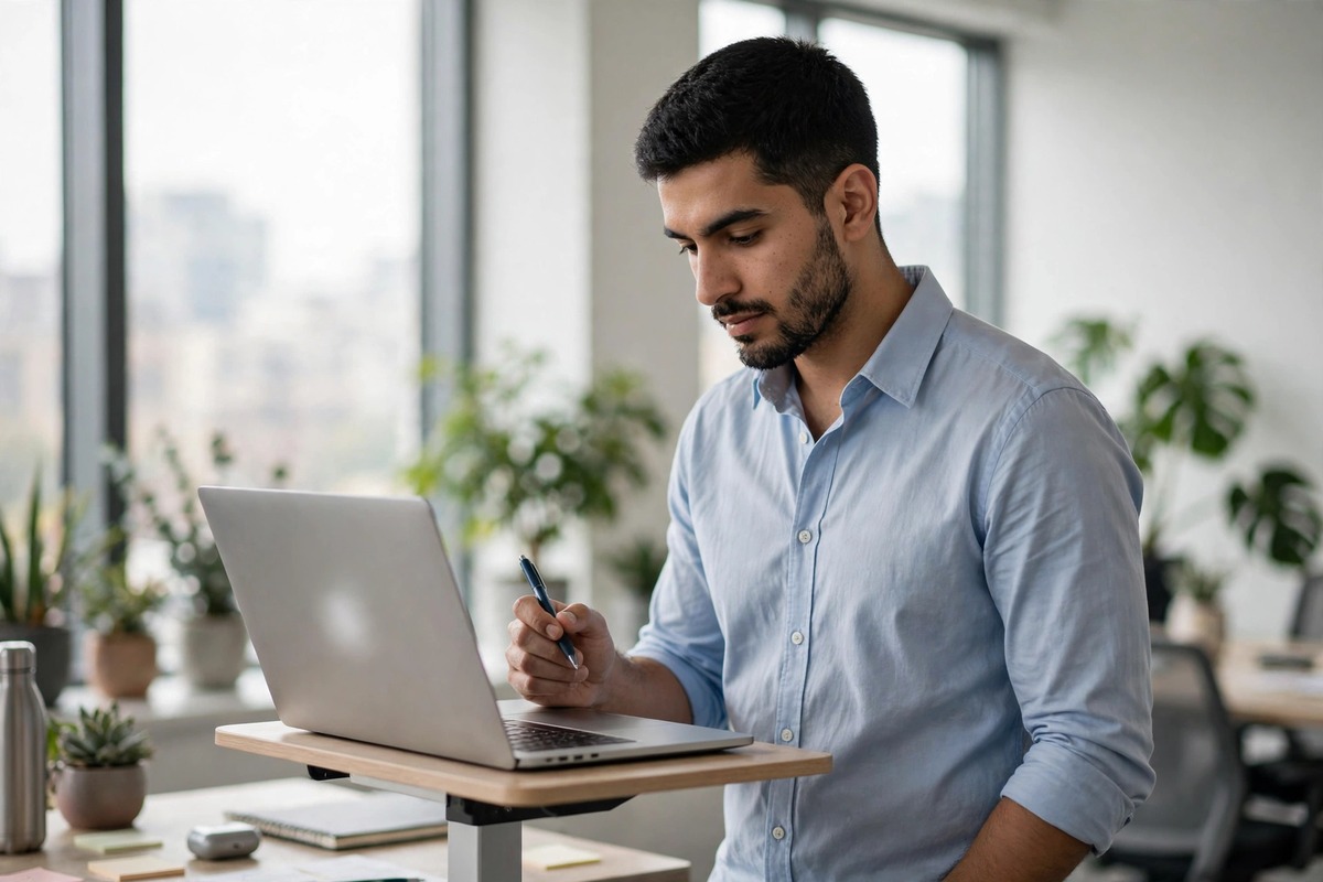 Ultra photorealistic real photograph, natural daylight, candid and believable, no text anywhere in the image, no women or girls. A confident young man in his early thirties with short dark hair and a neat beard, wearing a smart light blue shirt, stands at a standing desk with an open laptop in a bright modern office, holding a pen and looking thoughtfully at his work, large windows with soft daylight, blurred office plants behind him, premium editorial quality, bold clear subject, Google Discover friendly.