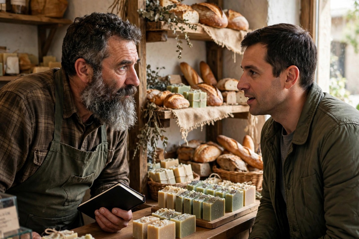 A bearded shop owner listens to a customer at a small soap stall while holding a notebook, to understand your customers.