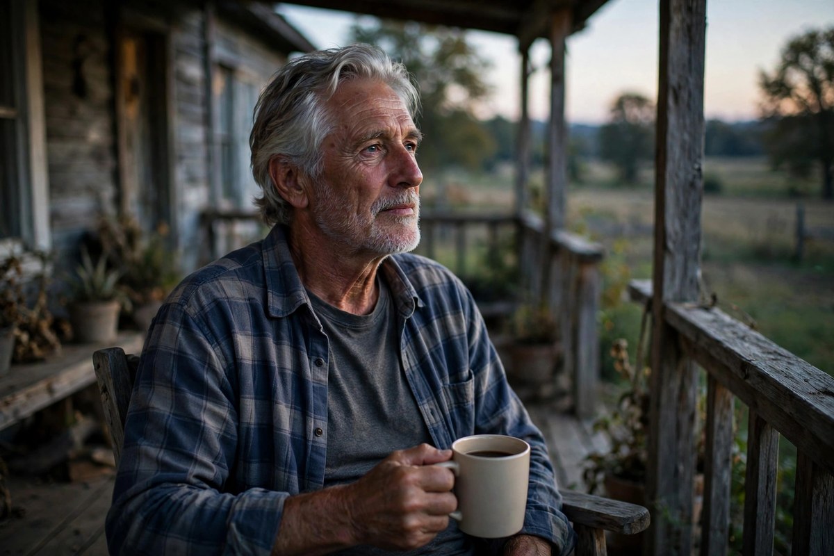 Photorealistic photo of a calm older man reading alone in a sunlit quiet room, illustrating warren buffett traits of people who like being alone