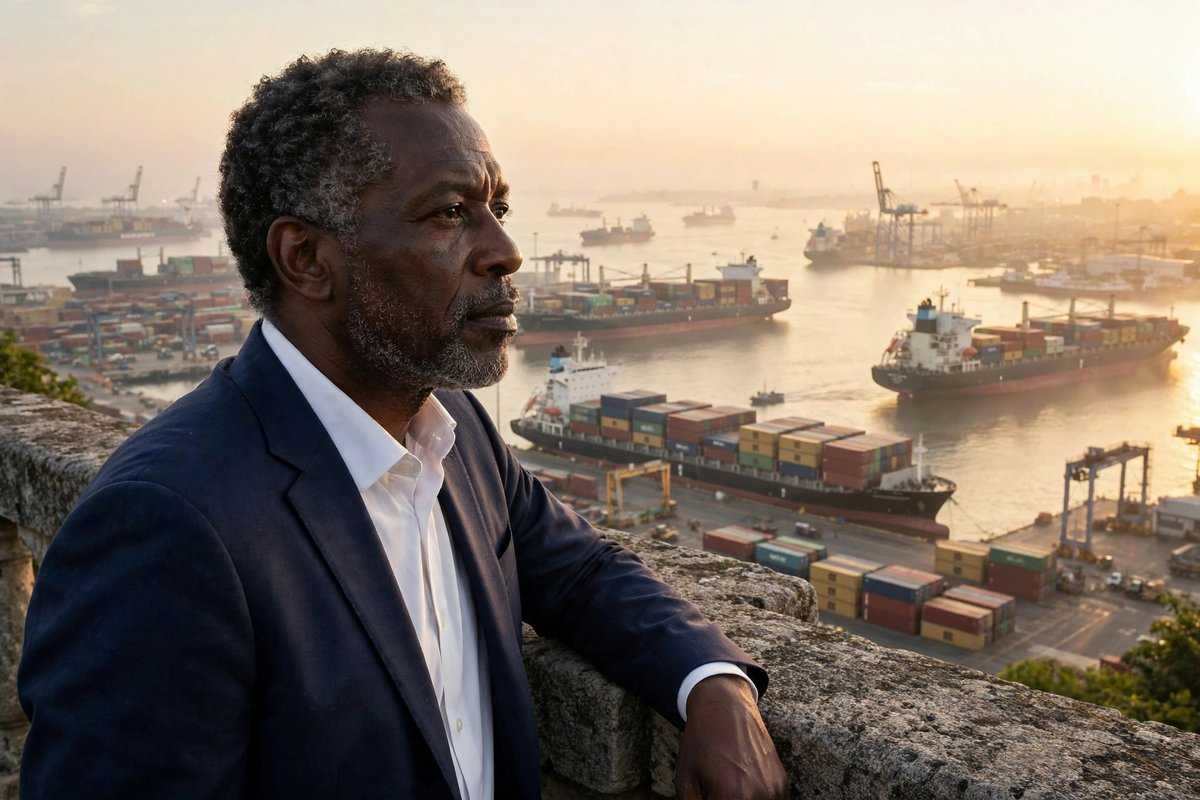Photorealistic photo of a businessman overlooking a busy harbor with cargo ships at sunrise, showing ways wealth flows to the rich