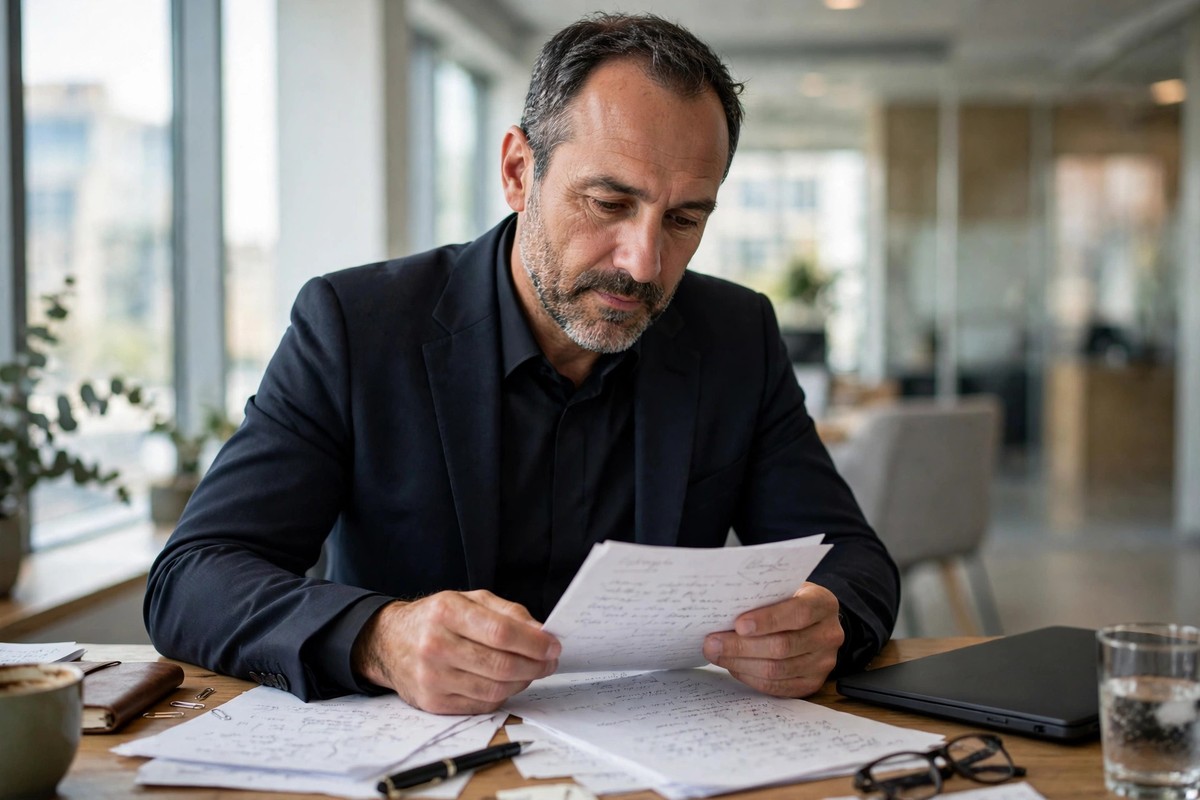 Photorealistic photo of a calm middle-aged businessman in a dark suit sitting at a bright office desk reviewing handwritten notes after a setback, steady thoughtful expression, natural window light, candid real photography, no text in image