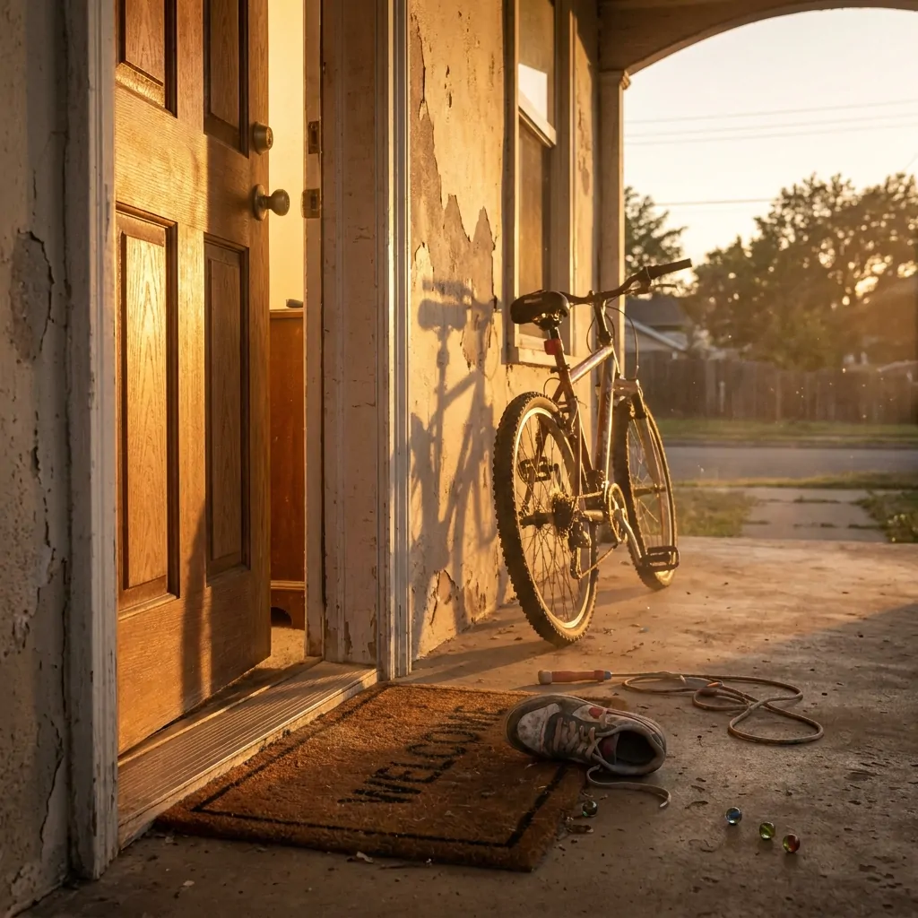 A forgotten shoe by the door could hold an entire evening of childhood.
