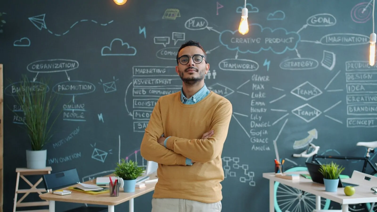 15 Low-Risk Business Ideas for First-Time Entrepreneurs 1 Man standing with arms crossed in front of chalkboard.