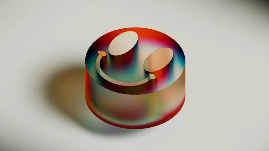 Personality Quiz: What Emotions I Feel? 1 3D futuristic rainbow-colored smiling cylinder on a neutral background, conveying modern art and positivity.