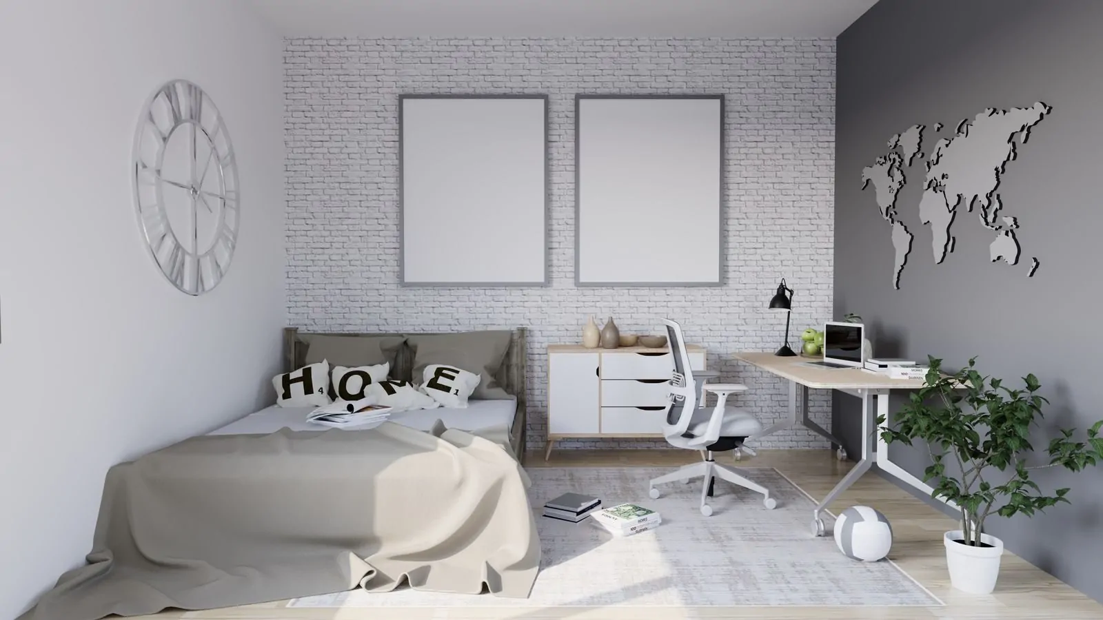 35+ Room Decor Ideas for Small Spaces That Feel Bigger 20 Stylish modern bedroom with workspace featuring minimalistic décor and natural light.