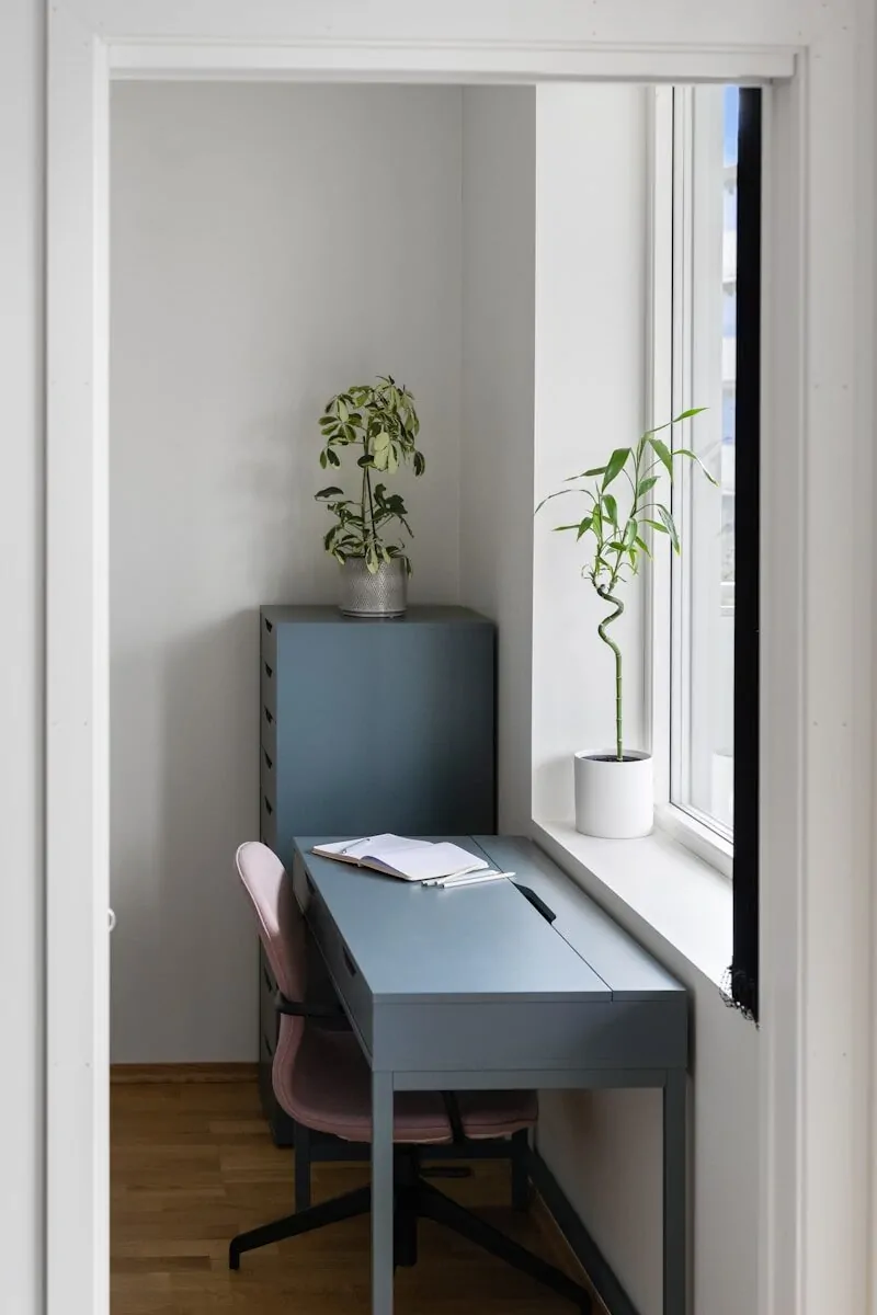 35+ Small Office Ideas for Working From Home 12 A room with a desk, chair and potted plant