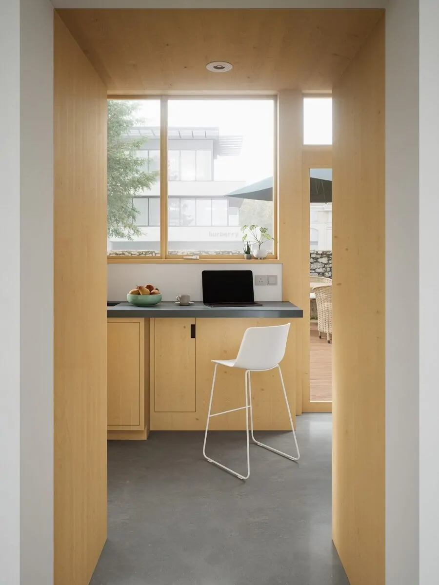 35+ Small Office Ideas for Working From Home 21 Modern plywood nook with laptop, stool, and window view.