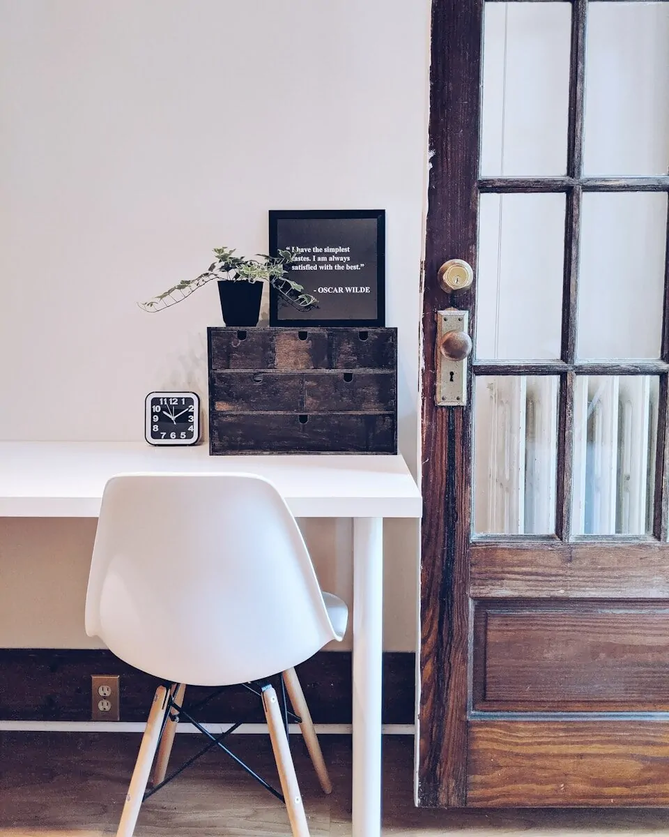 35+ Small Office Ideas for Working From Home 33 white wooden desk and chair