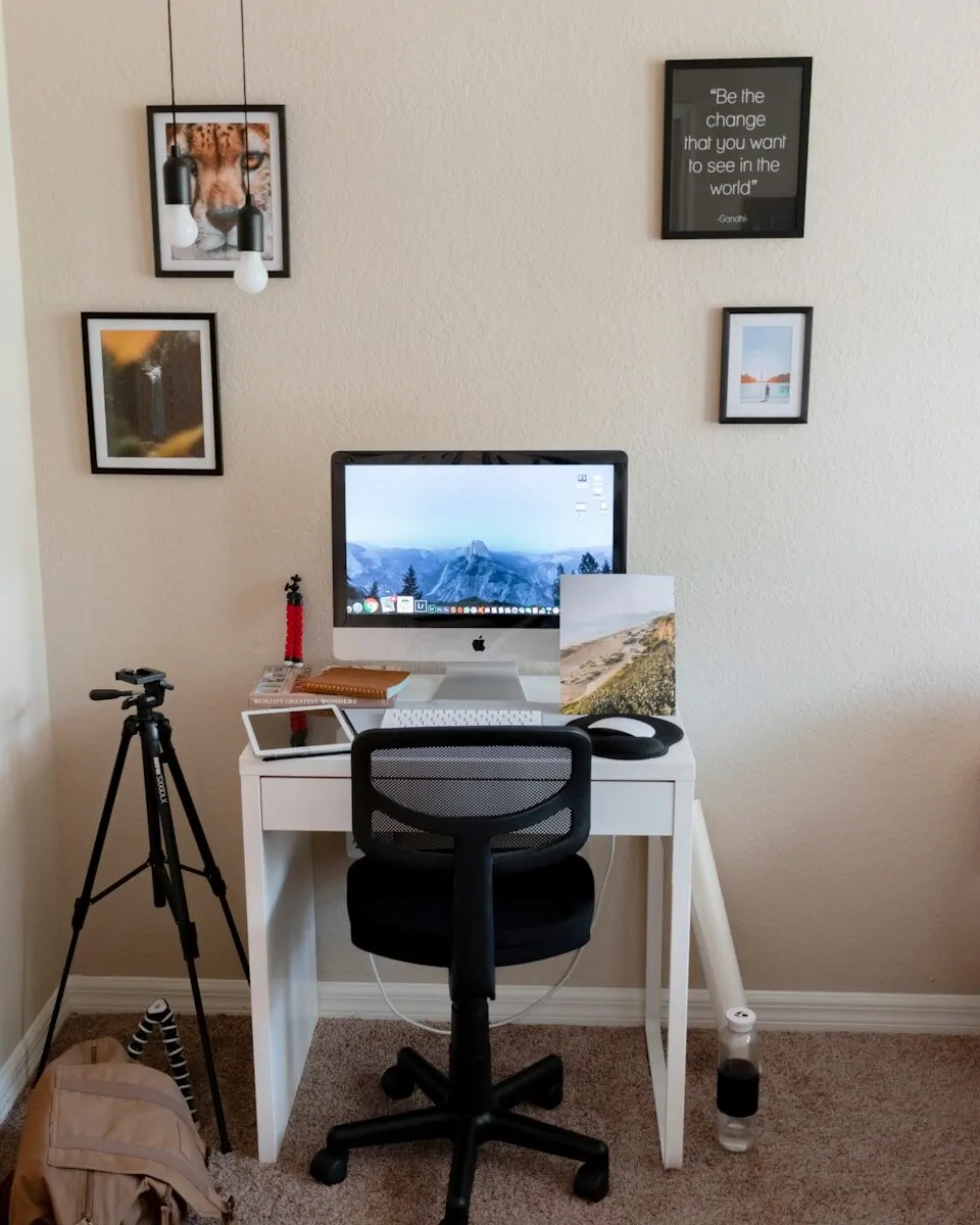 35+ Small Office Ideas for Working From Home 35 black flat screen computer monitor on brown wooden table