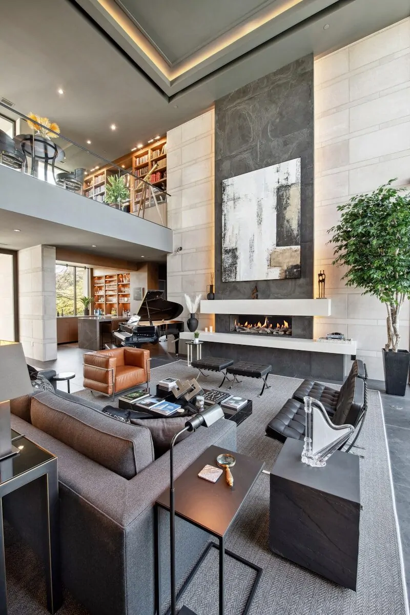 50 Luxury Living Room Ideas for Every Home Style 19 Luxurious modern living room with grand piano and fireplace.