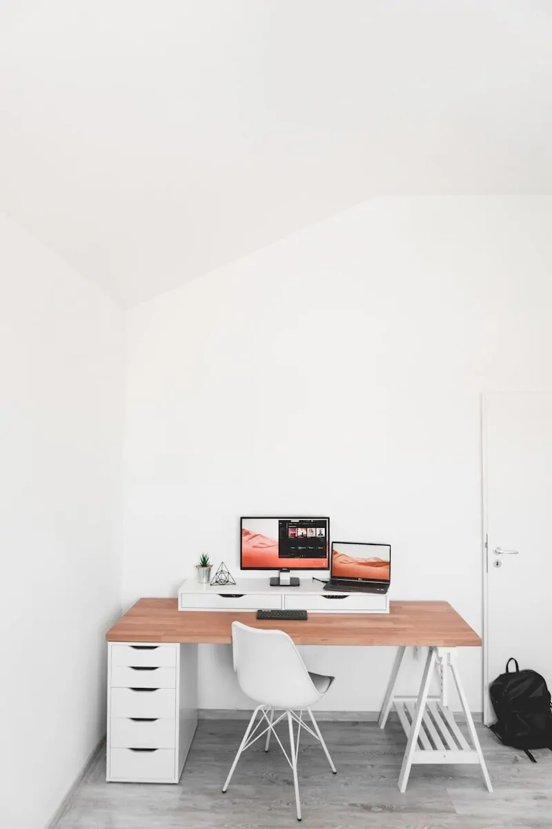 35+ Small Office Ideas for Working From Home 3 turned on flat screen monitor and laptop on desk