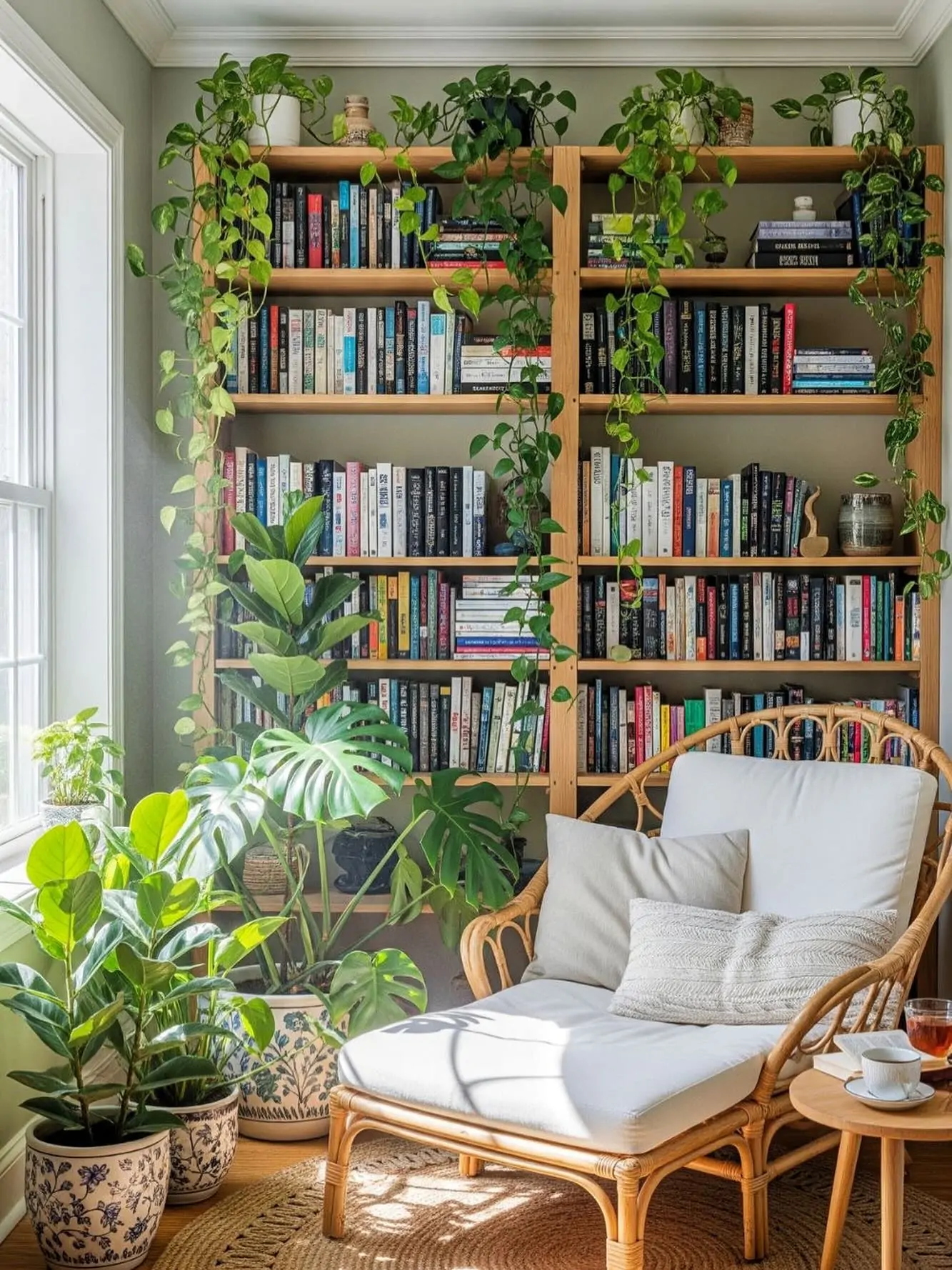 10 Home Library Ideas That Will Make You Want to Stay Home 29 Natural Rattan Chair and Botanical Bookcase Nook