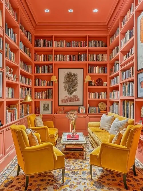 10 Home Library Ideas That Will Make You Want to Stay Home 27 Vibrant Coral Floor-to-Ceiling Library Lounge
