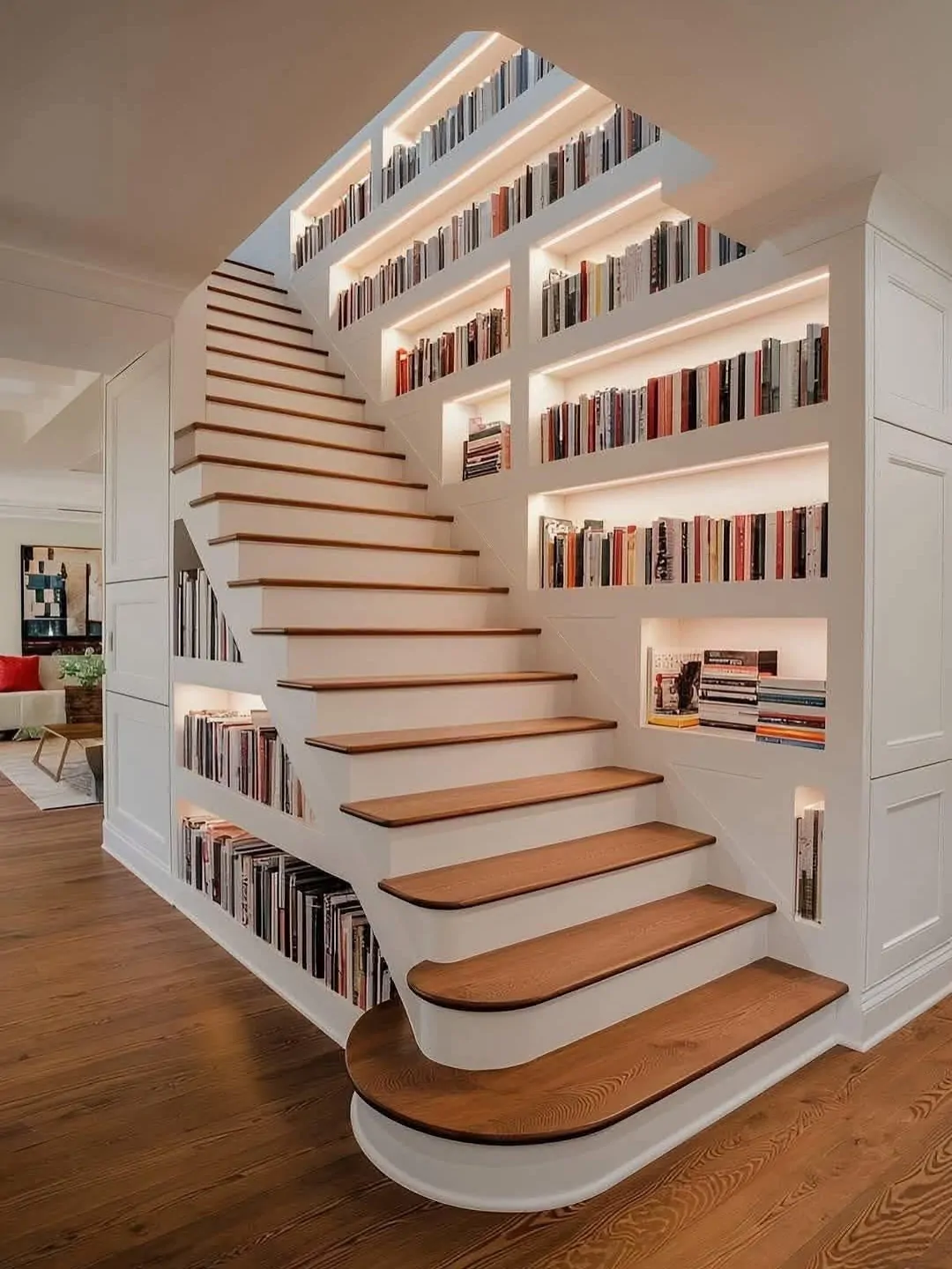 10 Home Library Ideas That Will Make You Want to Stay Home 26 Modern Staircase Library with Built-In LED Shelving