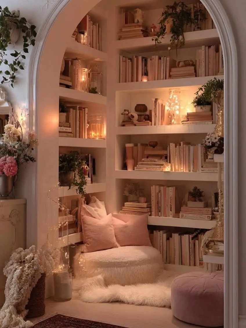 10 Home Library Ideas That Will Make You Want to Stay Home 23 Arched Alcove Reading Nook with Built-In Shelving