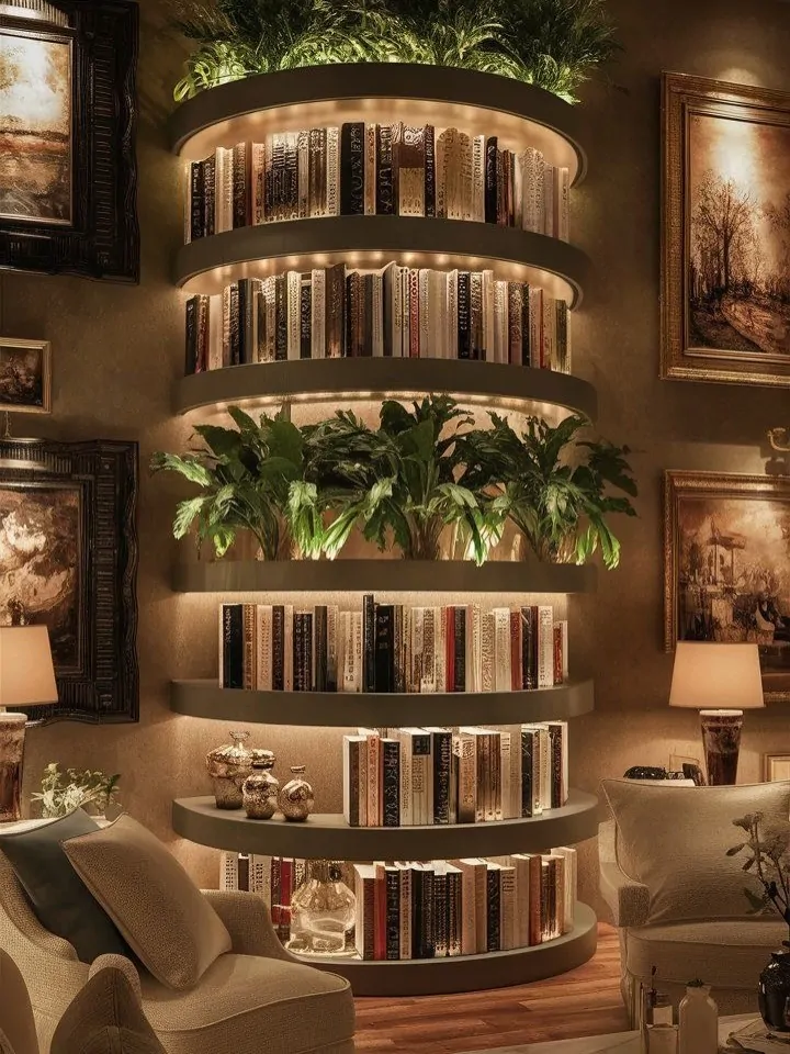 10 Home Library Ideas That Will Make You Want to Stay Home 22 Curved Vertical Wall Shelving with Integrated Lighting