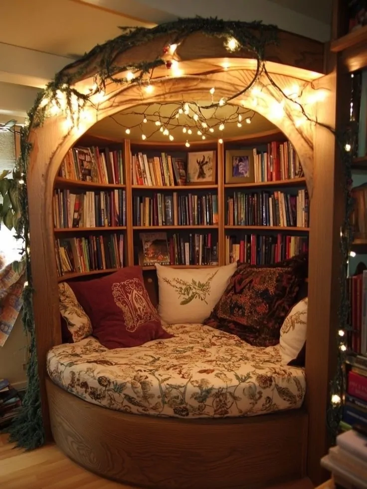 10 Home Library Ideas That Will Make You Want to Stay Home 19 Building a round wood alcove creates a cozy reading spot for any home. You can frame a corner space to fit a custom curved bench perfectly.Add thin fairy lights over the top arch to get a warm glow. Curved back wall shelves keep good books very easy to grab. Cut thick foam into a half circle for the base seat pad. Wrap faux green vines on the wood edge for a nature look. This smart design make small room corners highly useful and fun.