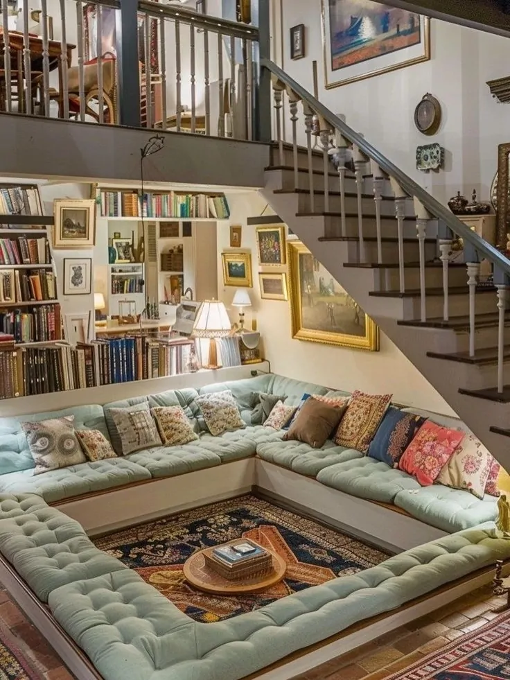 10 Home Library Ideas That Will Make You Want to Stay Home 15 Sunken Conversation Pit and Under-Stair Reading Nook