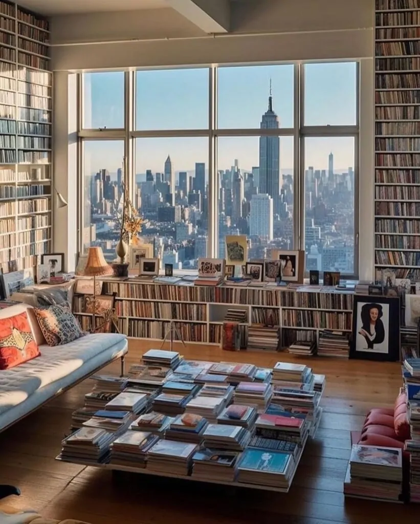10 Home Library Ideas That Will Make You Want to Stay Home 14 High-Rise City Skyline Media Library with Floor-to-Ceiling Shelving