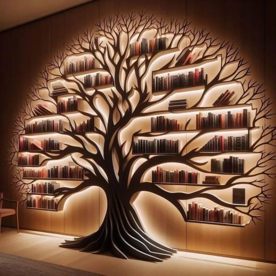 10 Home Library Ideas That Will Make You Want to Stay Home 11 Sculptural Tree of Life Bookshelf with Backlit Glow