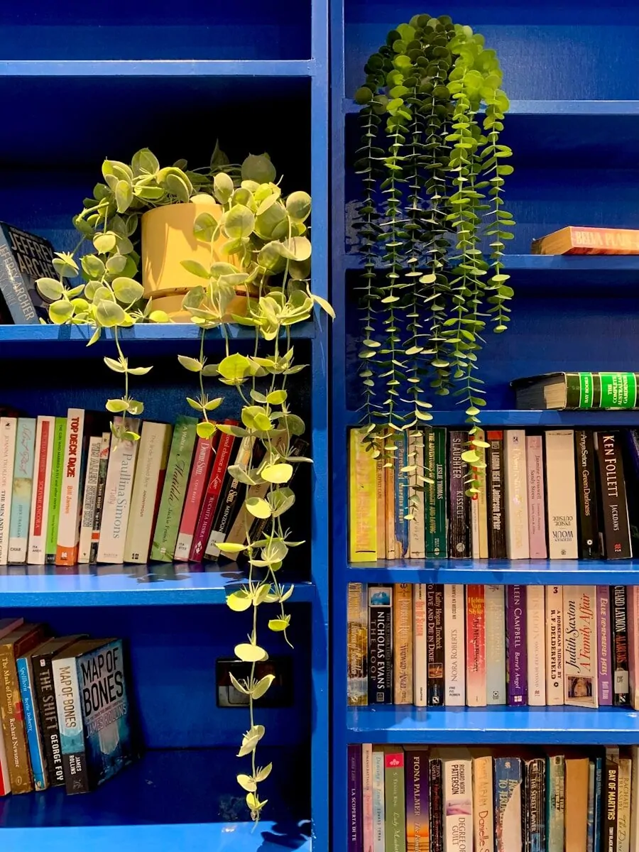 10 Home Library Ideas That Will Make You Want to Stay Home 34 blue and white flowers on blue wooden book shelf