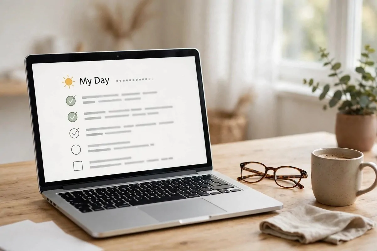 Laptop showing a My Day daily task list in a home office