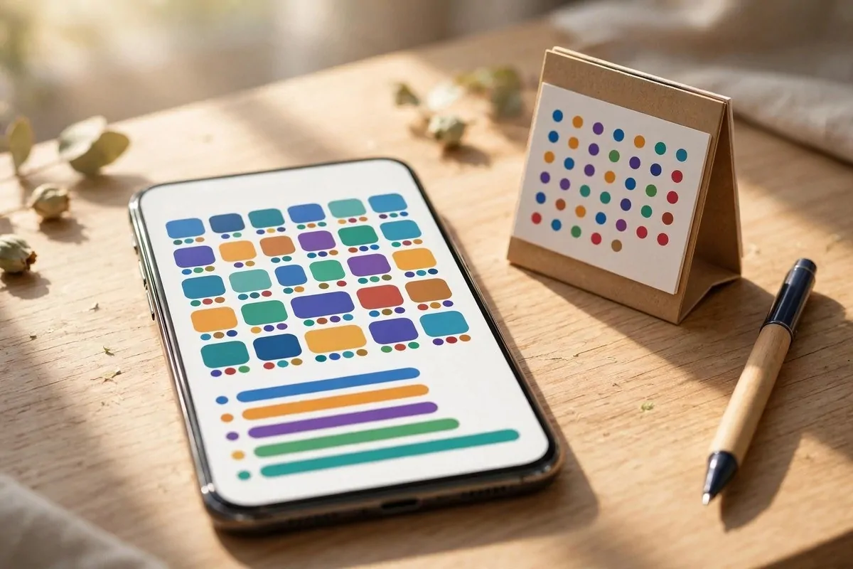 Smartphone showing a colorful monthly calendar on a bright desk