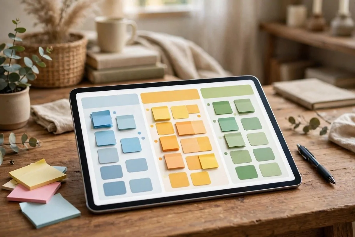 Tablet on a desk showing colorful kanban boards with task cards
