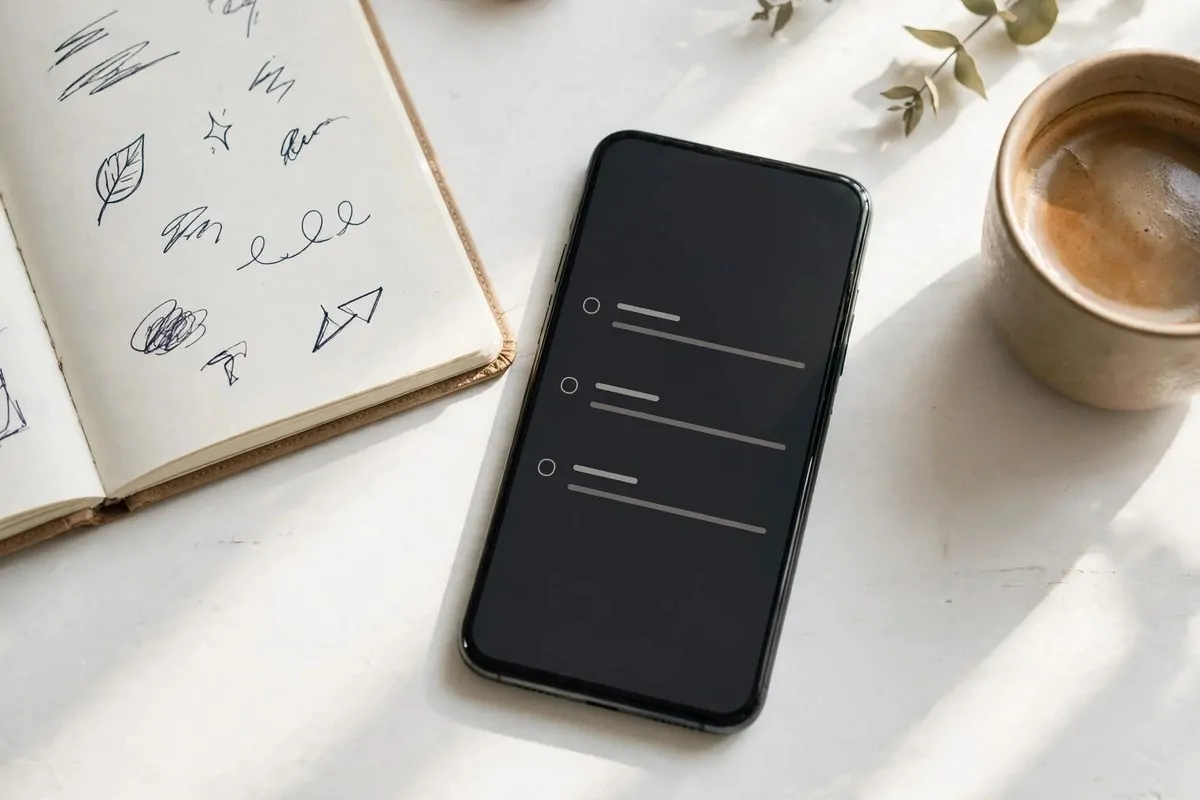 Smartphone on a bright desk showing a minimal quick capture list