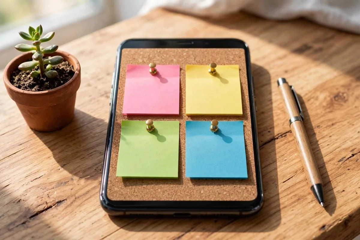Smartphone showing colorful sticky note cards on a desk