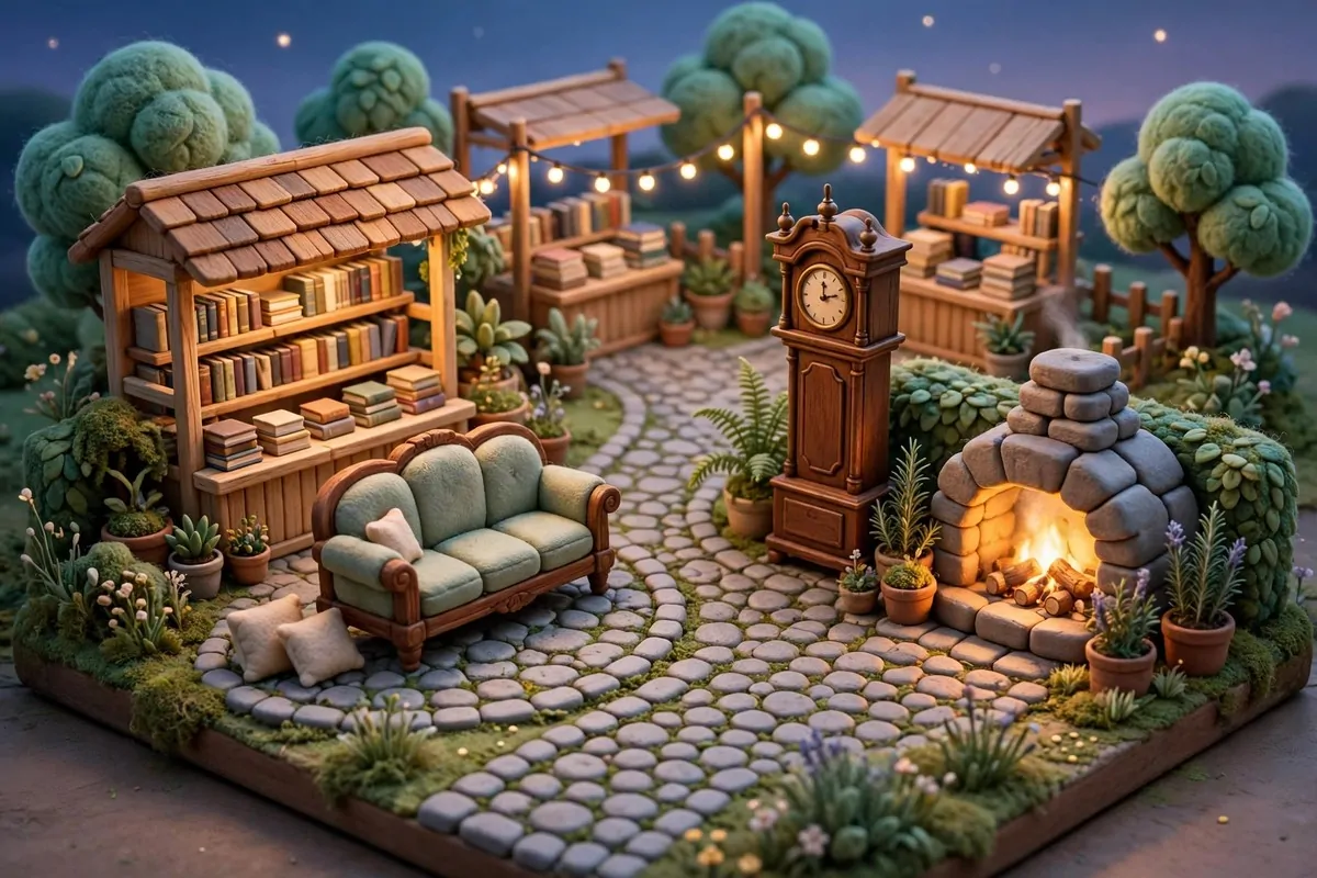 Stylized game-like outdoor bookstore plaza with stalls, antique furniture, and a fireplace