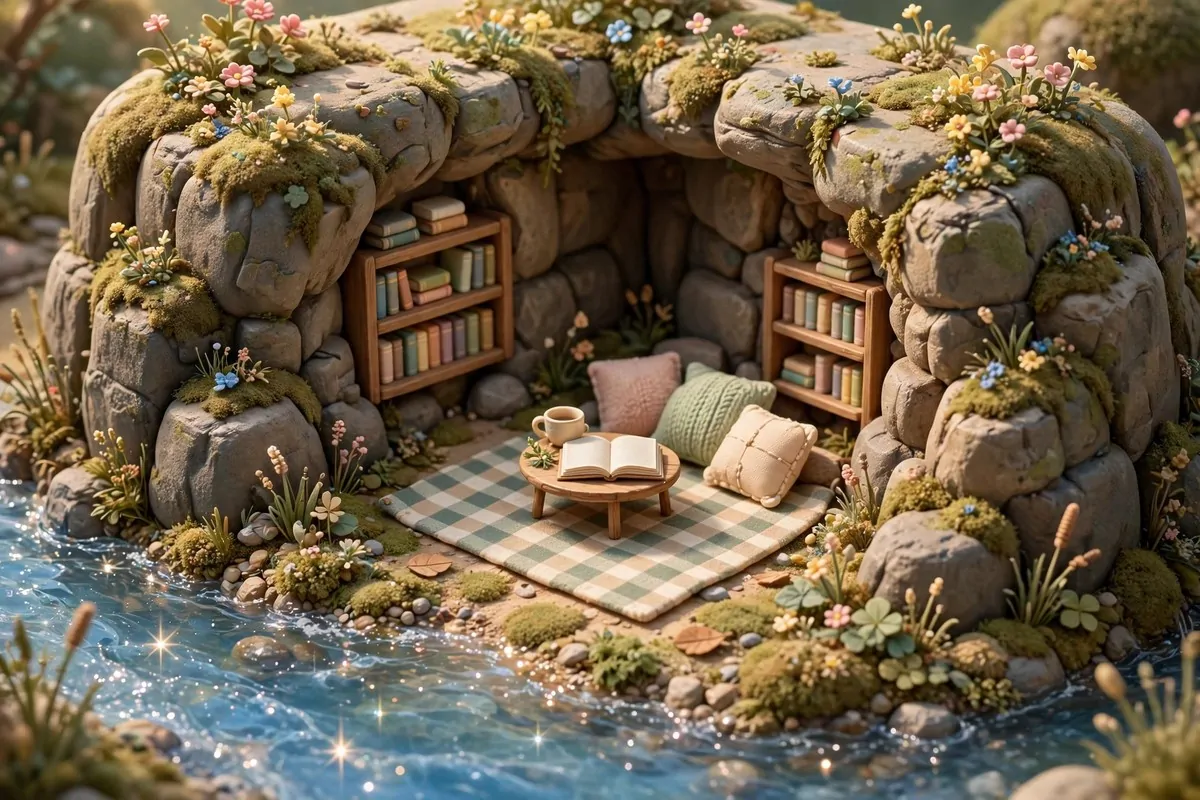 Stylized game-like riverside bookstore nook with bookshelves, blanket, and pillows by the water