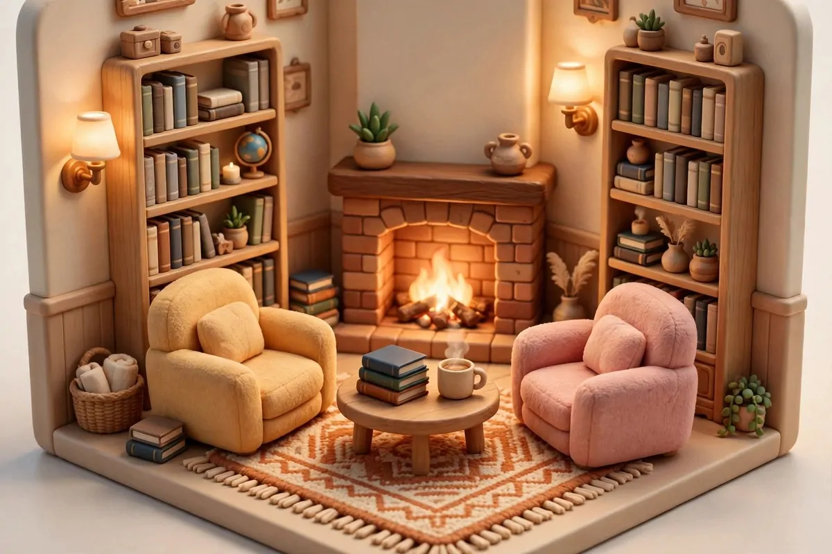 Stylized game-like bookstore reading room with a glowing fireplace, armchairs, and tall bookshelves