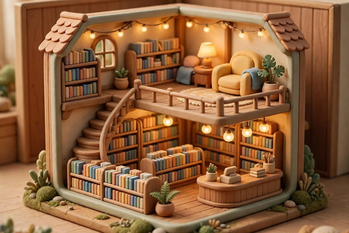 Stylized game-like two-floor bookstore with a shop below and a cozy reading loft above
