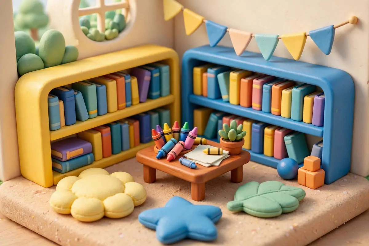 Stylized game-like colorful children's bookstore corner with small shelves and bright cushions
