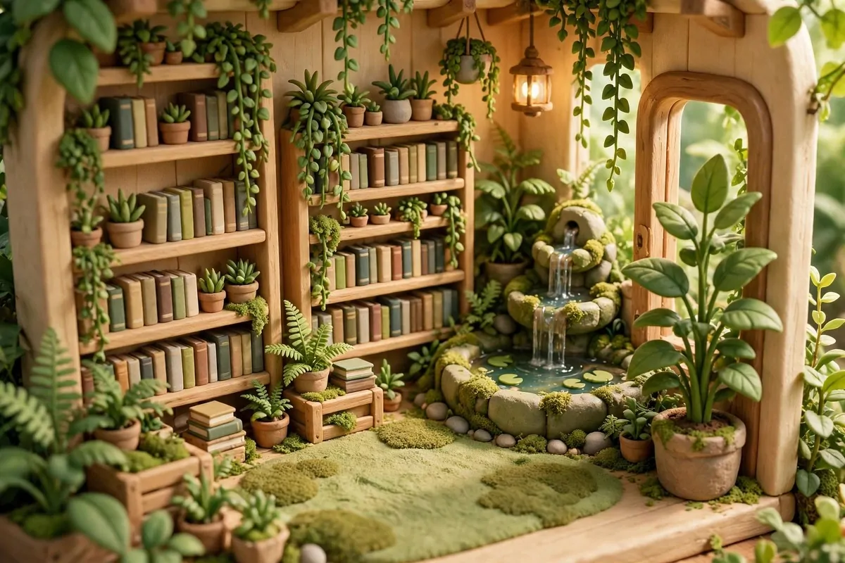 Stylized game-like bookstore with lush green plants growing among wooden bookshelves