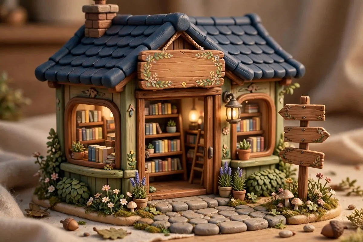 Stylized game-like bookstore entrance with a decorative hand-painted wooden welcome sign