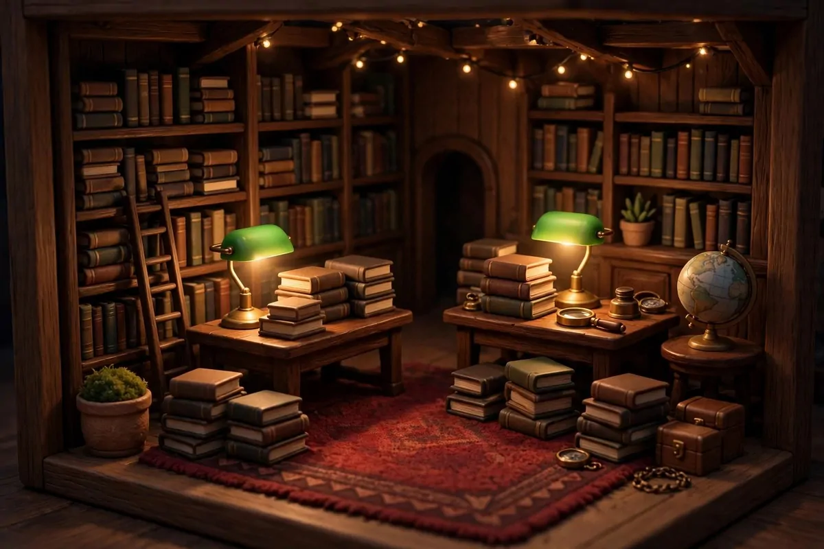 Stylized game-like moody bookstore with dark wood shelves and green banker's lamps