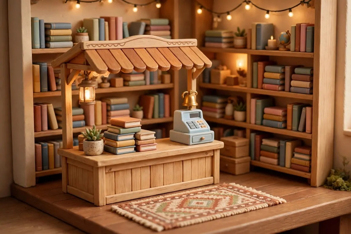 Stylized game-like bookstore checkout counter made from a wooden stall with a register