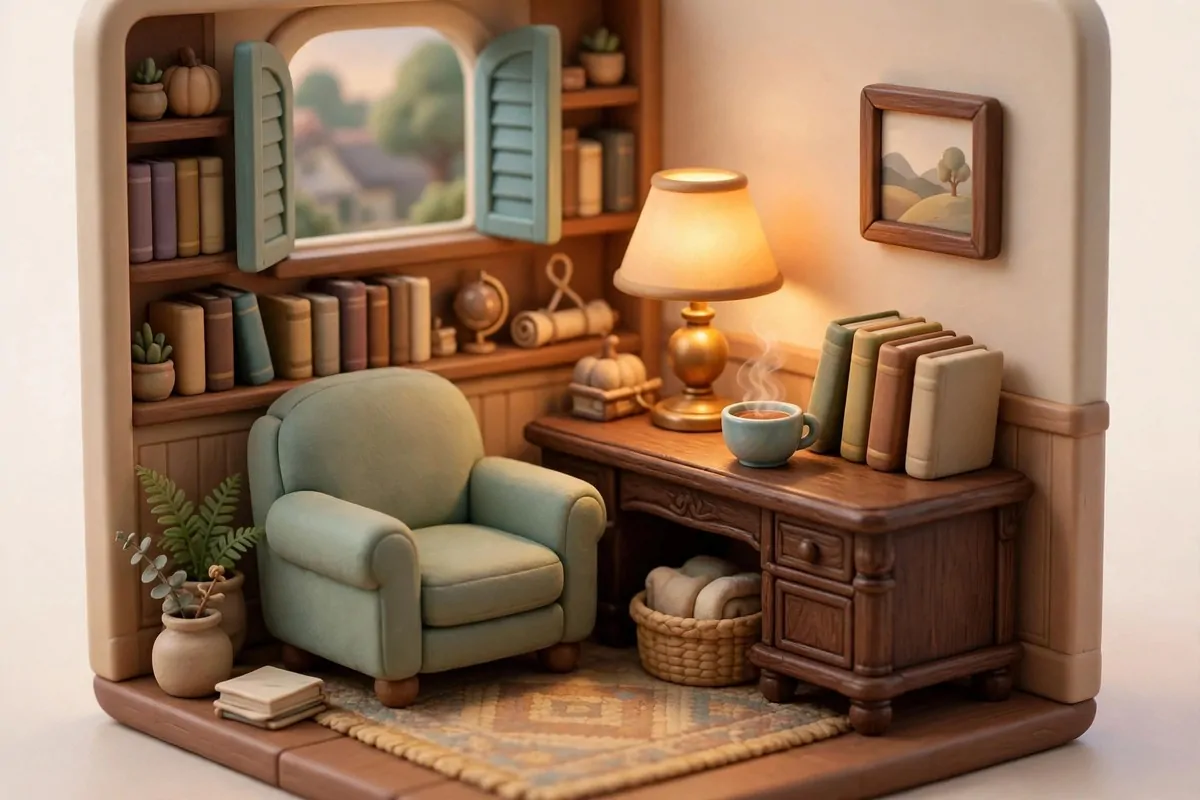 Stylized game-like bookstore study corner with an antique desk, elegant lamp, and stacked books