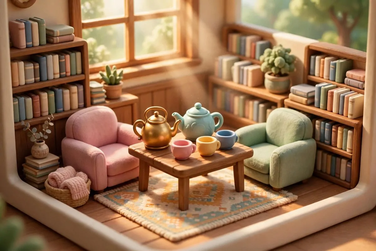 Stylized game-like bookstore tea station with a kettle, cups, and bookshelves behind