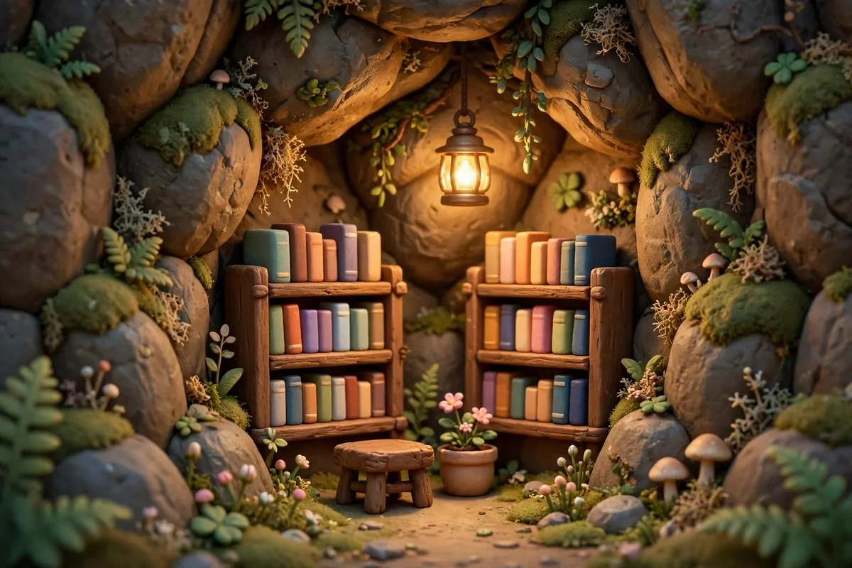 Stylized game-like tiny bookstore tucked into a cliff edge with a few shelves and a lantern