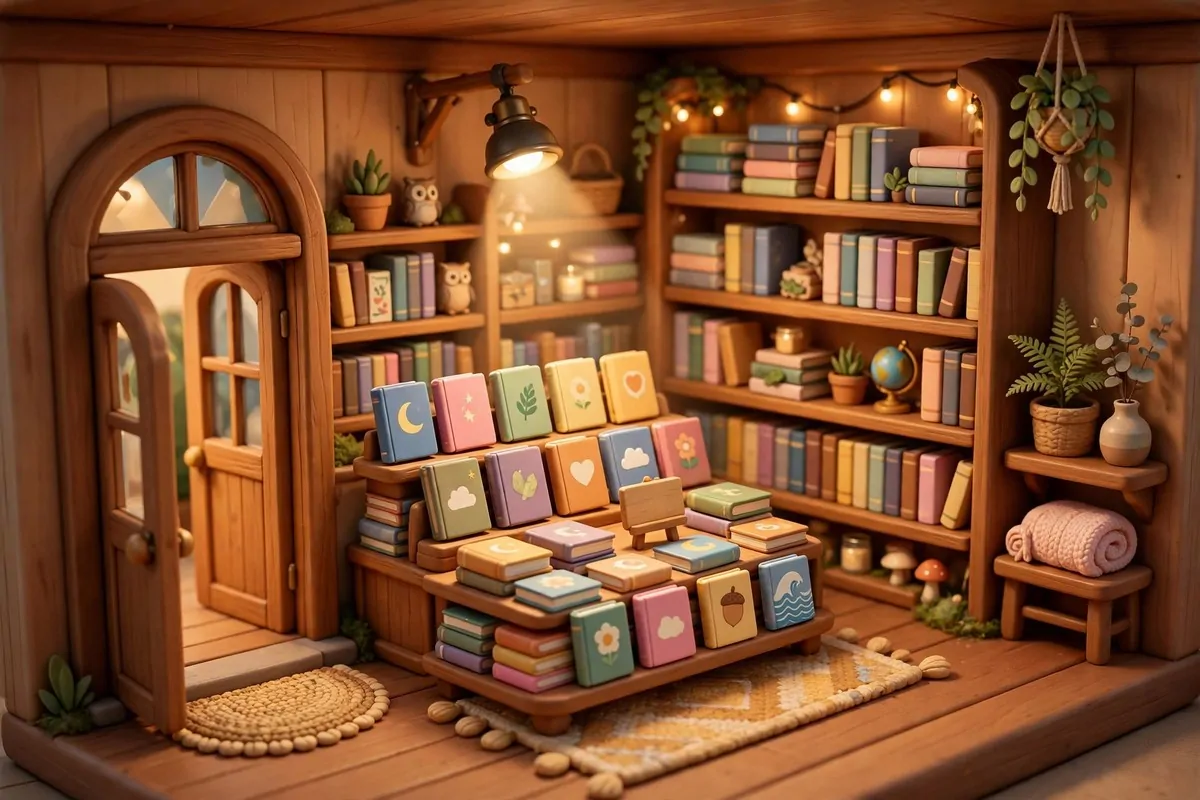 Stylized game-like bookstore display table with featured new books under a spotlight