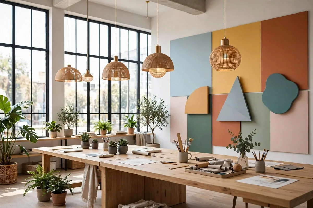 A bright advertising design studio with a long shared worktable, a bold display wall of blank color-block panels, tall windows, plants and pendant lamps